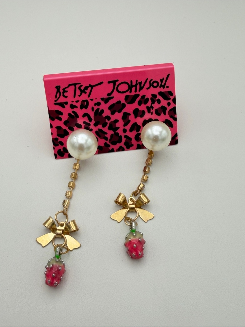 Betsey Johnson Gold Bow Pearl Drop Earrings with Pink Strawberry Charms